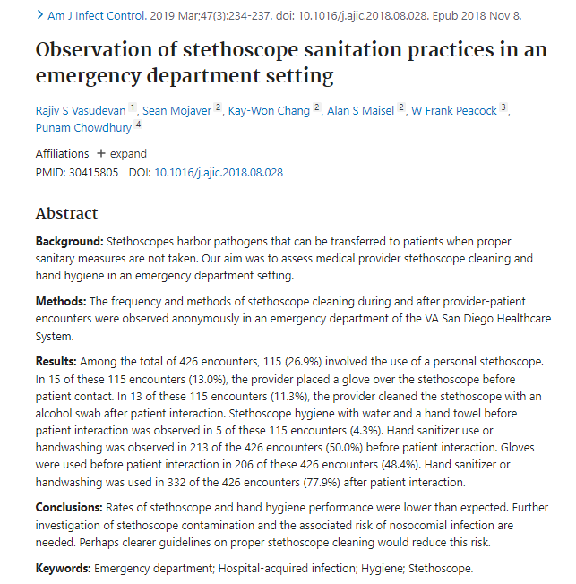 Vasudevan et al. Observation of stethoscope sanitation practices in an emergency department setting