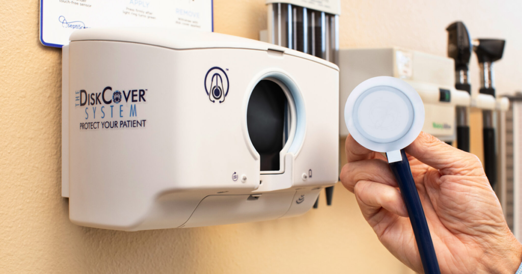 Stethoscope Hygiene: The Clinician’s Third Hand In Infection Prevention 2 An image of The DiskCover System, the automated aseptic stethoscope barrier dispensing system